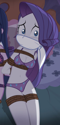 Size: 360x746 | Tagged: safe, artist:radiantrealm, edit, rarity, twilight sparkle, equestria girls, g4, belly button, bondage, bound and gagged, bra, breasts, cleavage, cloth gag, clothes, cropped, cutie mark on clothes, cutie mark underwear, female, femsub, gag, over the nose gag, panties, rarisub, rope, rope bondage, scared, solo focus, submissive, tied up, twisub, underwear