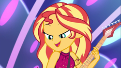 Size: 1366x768 | Tagged: safe, artist:axelsanchez, sunset shimmer, equestria girls, equestria girls specials, g4, my little pony equestria girls: better together, my little pony equestria girls: spring breakdown, all good (song), bracelet, clothes, dress, female, guitar, jewelry, musical instrument, new hairstyle, sleeveless, solo
