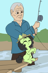 Size: 989x1500 | Tagged: safe, artist:happy harvey, oc, oc:filly anon, earth pony, human, pony, blank flank, clothes, crossover, dock, elderly, female, filly, fishing, fishing rod, happy, hat, jeremy wade, male, phone drawing, pier, river monsters, sitting, standing, wading