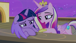 Size: 1280x720 | Tagged: safe, screencap, princess cadance, twilight sparkle, alicorn, pony, g4, once upon a zeppelin, colored wings, comforting, comforting twilight, duo, duo female, female, floppy ears, folded wings, hoof shoes, hug, sisters-in-law, twilight sparkle (alicorn), winghug, wings