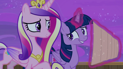 Size: 1280x720 | Tagged: safe, screencap, princess cadance, twilight sparkle, alicorn, pony, g4, once upon a zeppelin, colored wings, concave belly, crown, duo, duo female, female, folded wings, jewelry, magic, peytral, raised hoof, regalia, sisters-in-law, slender, telekinesis, thin, twilight sparkle (alicorn), wings