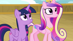 Size: 1280x720 | Tagged: safe, screencap, princess cadance, twilight sparkle, alicorn, pony, g4, once upon a zeppelin, duo, duo female, female, folded wings, sisters-in-law, twilight sparkle (alicorn), wings
