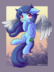 Size: 1200x1600 | Tagged: safe, artist:symbianl, oc, oc only, pony, unicorn, artificial wings, augmented, blushing, female, flying, mare, mechanical wing, solo, wings