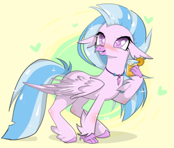 Size: 5384x4576 | Tagged: safe, artist:amywhandicy, silverstream, classical hippogriff, hippogriff, g4, absurd resolution, blushing, colored hooves, colored pupils, cute, diastreamies, female, heart, jewelry, juice, necklace, orange juice, solo