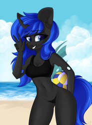 Size: 1700x2300 | Tagged: safe, artist:rinteen, oc, oc only, oc:blue visions, changeling, anthro, beach, belly button, bikini, blue changeling, breasts, cleavage, clothes, commission, female, solo, swimsuit, ych result