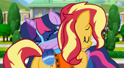 Size: 1951x1080 | Tagged: safe, artist:徐詩珮, sunset shimmer, twilight sparkle, alicorn, pony, series:sprglitemplight diary, series:sprglitemplight life jacket days, series:springshadowdrops diary, series:springshadowdrops life jacket days, g4, alternate universe, base used, chase (paw patrol), clothes, female, lesbian, lifejacket, mighty pups, paw patrol, sad, ship:sunsetsparkle, shipping, twilight sparkle (alicorn)