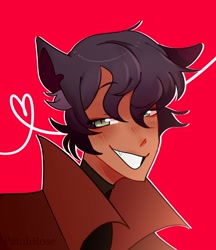 Size: 1728x2000 | Tagged: safe, artist:patohrose, capper dapperpaws, human, g4, blushing, clothes, dark skin, ear fluff, eared humanization, humanized, male, red background, simple background, smiling, solo