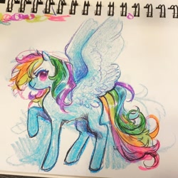 Size: 1440x1440 | Tagged: safe, artist:costly, rainbow dash, pegasus, pony, g4, crayon drawing, female, highlighter drawing, mare, no pupils, pen drawing, simple background, sketch, solo, traditional art, white background