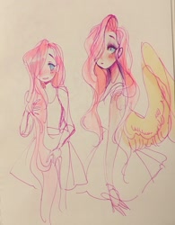 Size: 1601x2048 | Tagged: safe, artist:costly, fluttershy, human, g4, blushing, clothes, dress, female, humanized, solo, traditional art, winged humanization, wings