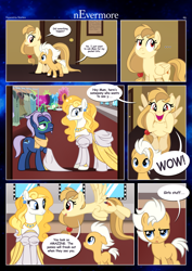 Size: 3259x4607 | Tagged: safe, artist:estories, oc, oc only, oc:alice goldenfeather, oc:fable, oc:golden jewel, earth pony, pegasus, pony, unicorn, comic:nevermore, g4, ..., brother and sister, clothes, colt, comic, costume, cute, dialogue, earth pony oc, female, glowing, glowing horn, horn, magic, male, mare, mother and child, mother and daughter, mother and son, ocbetes, pegasus oc, siblings, speech bubble, stallion, telekinesis, wings