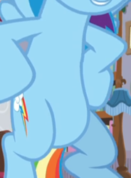 Size: 323x440 | Tagged: safe, screencap, rainbow dash, pony, g4, the hearth's warming club, belly, cropped, female, flying, hooves on hips, pictures of bellies, solo