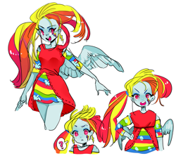 Size: 1483x1314 | Tagged: safe, artist:costly, rainbow dash, human, equestria girls, g4, clothes, cutie mark, cutie mark on equestria girl, doubt, dress, ear piercing, earring, female, jewelry, piercing, pony coloring, ponytail, question mark, solo, wings