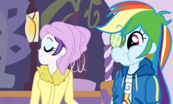 Size: 1024x620 | Tagged: safe, artist:connie_chickenn, rainbow dash, rarity, equestria girls, g4, my little pony equestria girls: better together, ponyville confidential, clothes, cucumber, cucumber monocle, cutie mark, cutie mark on clothes, eating, equestria girls interpretation, food, scene interpretation, spa, towel on head