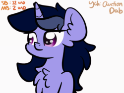 Size: 960x720 | Tagged: safe, artist:php142, oc, oc only, oc:purple flix, pony, unicorn, advertisement, animated, chest fluff, commission, dab, ear fluff, gif, horn, male, meme, simple background, solo, stallion, text, white background, ych animation, ych example, your character here