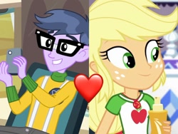 Size: 1372x1029 | Tagged: safe, edit, edited screencap, screencap, applejack, micro chips, camping must-haves, equestria girls, g4, my little pony equestria girls, my little pony equestria girls: better together, blonde hair, dork, geode of super strength, heart, iphone, magical geodes, microjack, nerd, shipping, shipping domino, suspenders