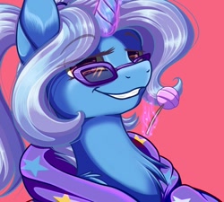 Size: 900x810 | Tagged: dead source, safe, artist:banoodle, trixie, pony, g4, alternate hairstyle, babysitter trixie, candy, clothes, female, food, glasses, hoodie, lollipop, magic, solo