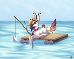 Size: 2351x1890 | Tagged: safe, artist:sadatrix, oc, oc only, oc:blueberry, deer, deer pony, original species, scented pony, candle, closed species, female, fishing rod, prone, raft, solo, water