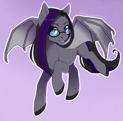 Size: 1280x1264 | Tagged: safe, artist:kyotoleopard, oc, oc only, oc:luna farrowe, bat pony, pony, bat pony oc, bat wings, commission, digital art, female, flying, glasses, looking at you, mare, simple background, smiling, smiling at you, solo, spread wings, tail, wings