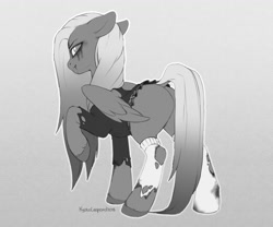 Size: 1280x1067 | Tagged: safe, artist:kyotoleopard, oc, oc only, pegasus, pony, undead, zombie, zombie pony, butt, clothes, digital art, female, looking at you, looking back, looking back at you, mare, monochrome, plot, simple background, solo, spread wings, tail, torn clothes, wings