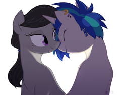 Size: 1600x1200 | Tagged: safe, artist:yaco, dj pon-3, octavia melody, vinyl scratch, earth pony, pony, unicorn, g4, alternate hairstyle, bedroom eyes, boop, cute, duo, duo female, ear piercing, earring, female, jewelry, lesbian, mare, noseboop, nuzzling, older, older octavia melody, older vinyl scratch, piercing, ship:scratchtavia, shipping, simple background, tavibetes, vinylbetes, white background