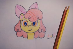 Size: 2622x1757 | Tagged: safe, artist:axelp, apple bloom, pony, g4, g4.5, my little pony: pony life, bust, female, filly, pencil, portrait, smiling, solo, traditional art
