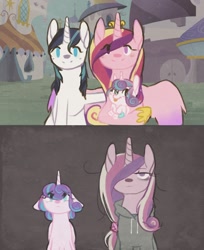 Size: 1280x1566 | Tagged: safe, artist:nikosh14, princess cadance, princess flurry heart, shining armor, alicorn, pony, unicorn, g4, clothes, female, filly, hoodie, looking at you, male, mare, mother and child, mother and daughter, stallion