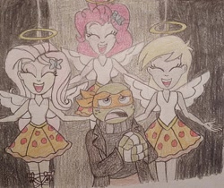 Size: 1024x860 | Tagged: safe, artist:jebens1, derpy hooves, fluttershy, pinkie pie, angel, equestria girls, g4, derpy is an angel, drawing, eyes closed, food, halo, michelangelo, parody, pizza, pizza angel, reference, sad, silly songs, singing, song in the description, song reference, story included, teenage mutant ninja turtles, veggietales, wings