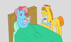 Size: 1024x613 | Tagged: safe, artist:allonsos-evil-lair, carrot cake, cup cake, pound cake, pumpkin cake, earth pony, pony, baby cakes, g4, atg 2018, baby, baby blanket, baby pony, bed, birth, boop, cake twins, crying, newbie artist training grounds, newborn, newborn babies, newborn colt, newborn twins, newborns, siblings, swaddling, tears of joy, twins, yawn