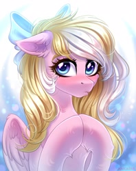 Size: 1625x2048 | Tagged: safe, artist:hakaina, oc, oc only, oc:bay breeze, pegasus, pony, blushing, bow, bust, cute, female, hair bow, looking at you, mare, portrait, pouting, solo