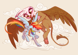 Size: 4093x2894 | Tagged: safe, artist:shore2020, gilda, rainbow dash, griffon, pegasus, pony, g4, cloud, cute, duo, duo female, female, flying, high res, mare, noogie, open mouth, ruffled hair, size difference, tongue out