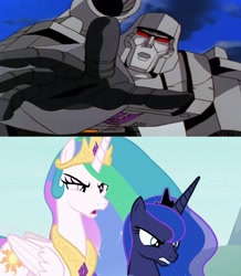 Size: 1900x2180 | Tagged: safe, edit, edited screencap, screencap, princess celestia, princess luna, g4, the ending of the end, angry, begging, comparison, crossover, decepticon, megatron, the transformers: the movie, transformers, transformers generation 1