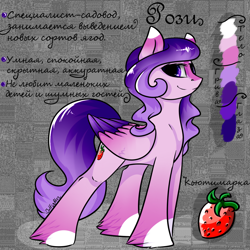 Size: 1100x1100 | Tagged: safe, artist:intfighter, oc, oc only, pegasus, pony, cyrillic, food, hoof fluff, pegasus oc, reference sheet, russian, smiling, solo, strawberry, wings