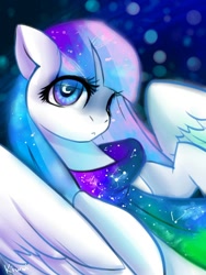 Size: 900x1199 | Tagged: safe, artist:kiwwsplash, oc, oc only, pegasus, pony, clothes, constellation, crescent moon, moon, pegasus oc, scarf, solo, wingding eyes, wings