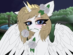 Size: 2048x1536 | Tagged: safe, alternate version, artist:pearl123_art, oc, oc only, oc:pearl, alicorn, pony, alicorn oc, eyelashes, female, flower, flower in hair, flower in mouth, horn, mare, mouth hold, solo, spread wings, wings
