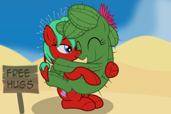 Size: 2906x1939 | Tagged: safe, artist:badumsquish, derpibooru exclusive, oc, oc only, oc:ferah, oc:poppet, cactus pony, monster pony, object pony, original species, pincushion pony, plant pony, plush pony, pony, cactus, cute, desert, dunes, duo, ear piercing, everything went better than expected, female, flower, flower in hair, food, free hugs, hair bun, hair ornament, happy, hedgehog's dilemma, holding a pony, hug, hugs needed, lesbian, mare, needle, nuzzling, oc x oc, open mouth, piercing, pincushion, pins, plant, plushie, ponified, road, shipping, sitting, sky, smiling, smirk, snuggling, spikes, strawberry, tomato, tumbleweed