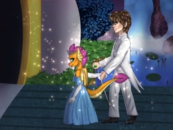 Size: 2048x1536 | Tagged: safe, artist:pearl123_art, smolder, oc, dragon, human, fanfic:the lost element, g4, bowtie, buckled shoes, cane, canon x oc, canterlot castle, clothes, dragoness, drawbridge, dress, duo, earring, evening gloves, female, folded wings, gem, gloves, grass, holding hands, horns, interspecies, jewelry, lilypad, long gloves, male, princess smolder, rock, romantic, shoes, sitting, slacks, smolder also dresses in style, straight, suit, tail, tailcoat, tiara, tomboy taming, walking stick, waterfall, white tuxedo, wings