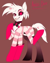 Size: 1258x1585 | Tagged: safe, artist:pearl123_art, arachnid, demon, demon pony, pony, spider, spiderpony, undead, angel dust (hazbin hotel), boots, clothes, femboy, gloves, gold tooth, grin, hazbin hotel, hellaverse, heterochromia, male, multiple legs, multiple limbs, ponified, shoes, sinner demon, smiling, solo, spider demon, spiderpony demon, stallion, that's entertainment, thigh boots, white coat