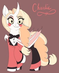 Size: 1275x1583 | Tagged: safe, artist:pearl123_art, alicorn, bat pony, bat pony alicorn, demon, demon pony, pony, bat wings, blush sticker, blushing, bowtie, charlie magne, clothes, eye clipping through hair, fangs, female, hazbin hotel, hellaverse, hellborn, horn, multiple limbs, ponified, princess, princess of hell, raised hoof, solo, that's entertainment, wings