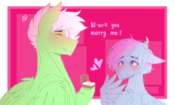 Size: 1280x775 | Tagged: safe, artist:shinningblossom12, oc, oc only, oc:drawing, oc:shinning blossom, pegasus, pony, blushing, bust, engagement ring, eyes closed, female, heart, hoof hold, jewelry, male, mare, oc x oc, ring, shipping, simple background, stallion, straight, transparent background