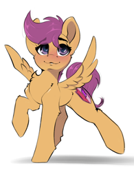Size: 1866x2388 | Tagged: safe, artist:skitsroom, derpibooru exclusive, scootaloo, pegasus, pony, g4, blushing, chest fluff, cute, cutealoo, feathered wings, female, filly, high res, raised hoof, raised leg, simple background, smiling, solo, spread wings, white background, wings