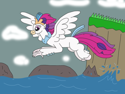 Size: 3264x2448 | Tagged: safe, artist:supahdonarudo, queen novo, classical hippogriff, hippogriff, g4, my little pony: the movie, cliff, cloud, female, flying, griffon day, high res, ocean, rock, shore, solo