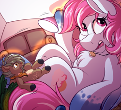 Size: 4000x3625 | Tagged: safe, artist:sugaryviolet, oc, oc only, oc:evening skies, oc:habile, deer, pegasus, pony, commission, couch, duo, giant pegasus, giant pony, growth, high res, indoors, macro, pale belly, surprise growth, surprised