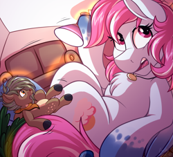 Size: 4000x3625 | Tagged: safe, artist:sugaryviolet, oc, oc only, oc:evening skies, oc:habile, deer, pegasus, pony, commission, couch, duo, giant pegasus, giant pony, growth, high res, indoors, macro, pale belly, surprised