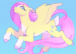 Size: 712x512 | Tagged: safe, artist:niiblez, fluttershy, pegasus, pony, g4, blaze (coat marking), blue background, coat markings, colored hooves, facial markings, feathered fetlocks, female, floppy ears, flying, mare, nose in the air, pale belly, simple background, socks (coat markings), solo, tail feathers