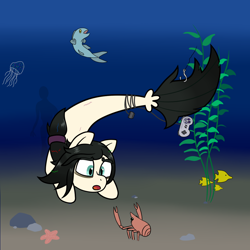 Size: 1050x1050 | Tagged: safe, artist:scraggleman, oc, oc only, oc:floor bored, fish, jellyfish, lobster, seapony (g4), controller, ponytail, seaponified, snes controller, solo, species swap, underwater