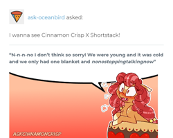 Size: 560x445 | Tagged: safe, artist:esmeia, oc, oc only, oc:cinnamon crisp, earth pony, pony, ask, blushing, colored hooves, earth pony oc, embarrassed, female, mare, open mouth, solo, speech bubble, tumblr