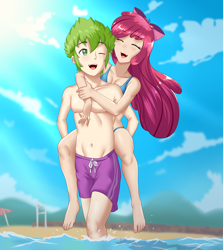 Size: 1716x1920 | Tagged: safe, artist:thebrokencog, apple bloom, spike, human, g4, anime, apple bloom's bow, barefoot, beach, belly button, bikini, bow, breasts, cleavage, clothes, commission, duo, eyes closed, feet, female, hair bow, humanized, male, one eye closed, piggyback ride, ship:spikebloom, shipping, shorts, straight, swimsuit, water, wink