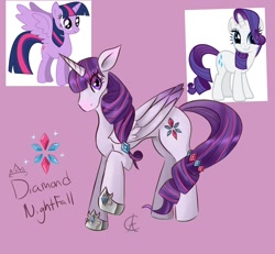 Size: 1120x1034 | Tagged: safe, artist:cynfularts, rarity, twilight sparkle, alicorn, pony, unicorn, g4, fanart, fusion, mashup, pink background, simple background, twilight sparkle (alicorn)