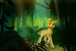 Size: 3000x2000 | Tagged: safe, artist:klooda, pony, advertisement, any race, commission, crepuscular rays, detailed, detailed background, female, fern, generic pony, green background, high res, jungle, leaves, looking at you, mare, open mouth, path, plant, rock, simple background, solo, sunshine, tree, walking, ych example, ych sketch, your character here