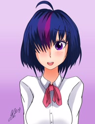 Size: 1583x2048 | Tagged: safe, alternate version, artist:manhunterj, twilight sparkle, human, g4, alternate hairstyle, anime, dialogue, female, hair over one eye, haircut, humanized, open mouth, short hair, signature, solo